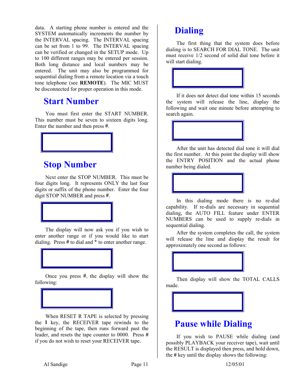 Start number, Stop number, Dialing | Pause while dialing | Skutch Electronics CBC 9000 User Manual | Page 11 / 33