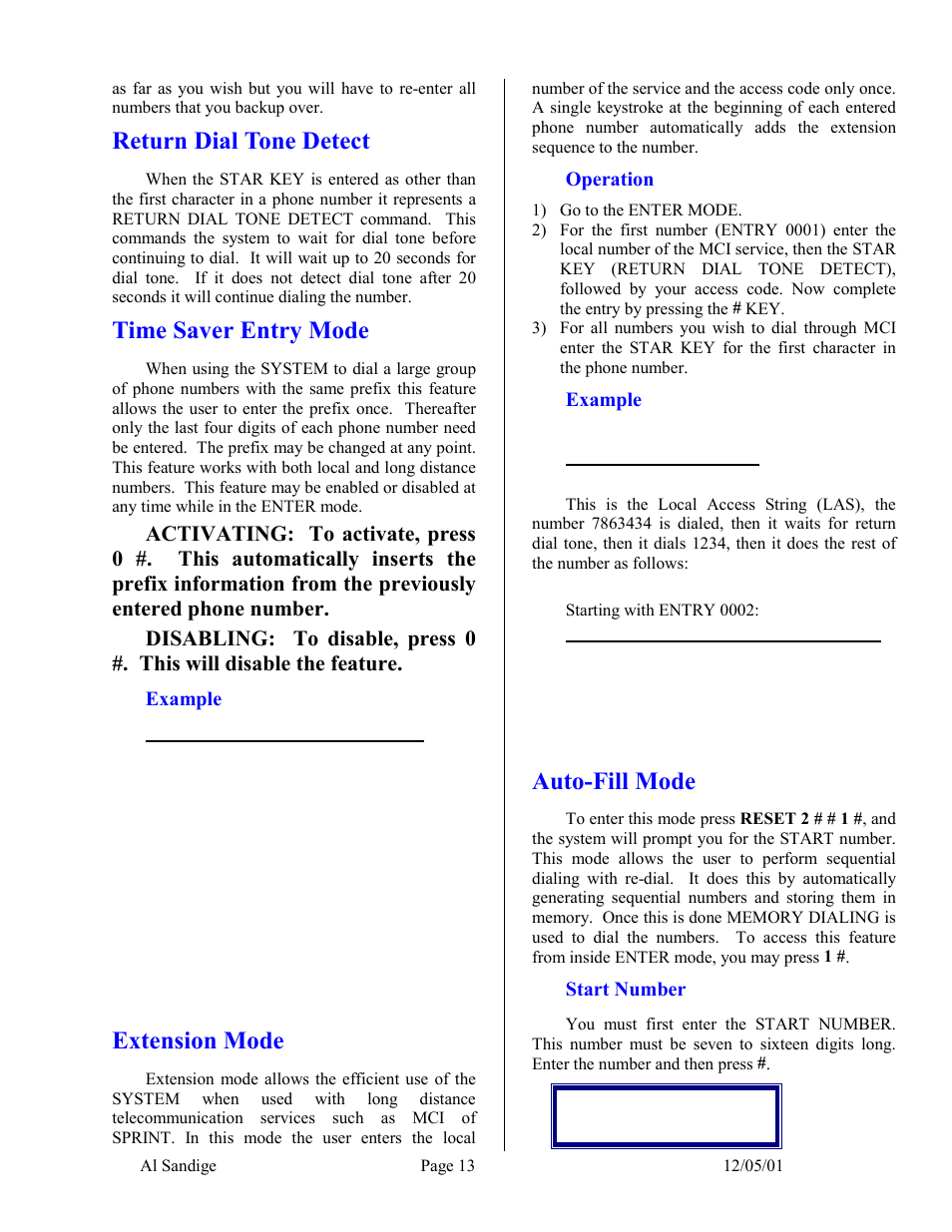 Return dial tone detect, Time saver entry mode, Example | Extension mode, Operation, Auto-fill mode, Start number | Skutch Electronics CBC 9000 User Manual | Page 13 / 33