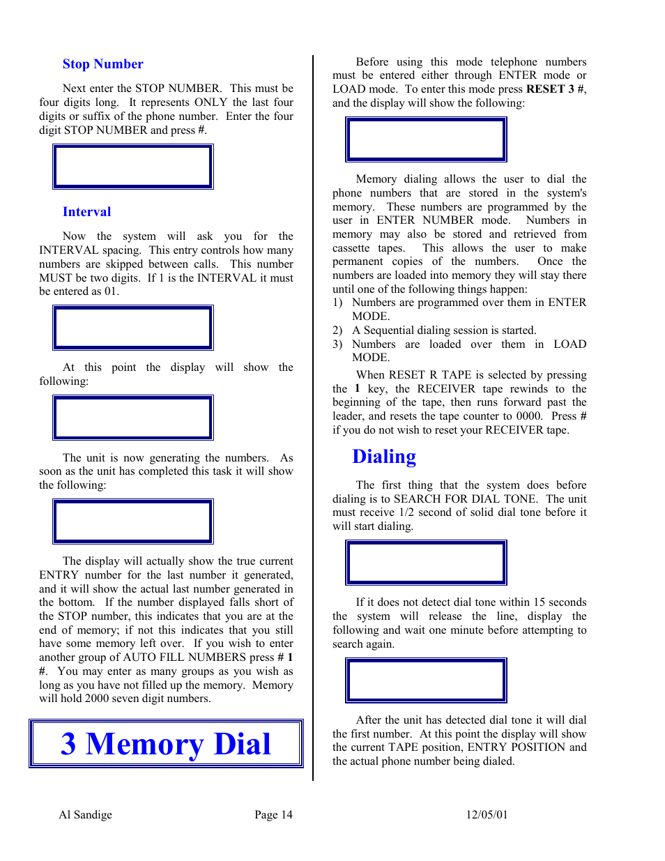 Stop number, Interval, 3 memory dial | Dialing | Skutch Electronics CBC 9000 User Manual | Page 14 / 33