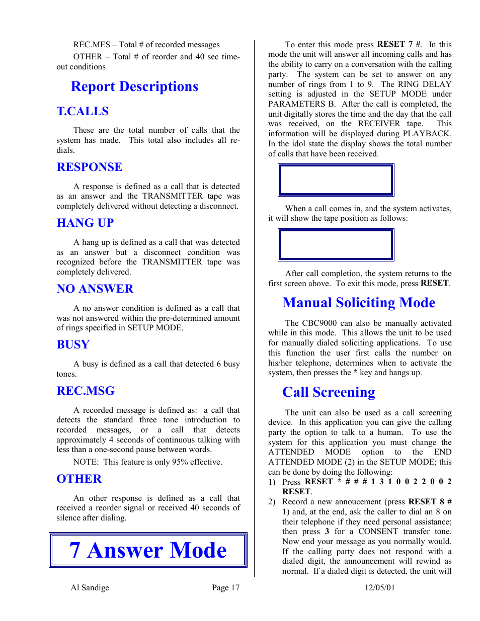 Report descriptions, T.calls, Response | Hang up, No answer, Busy, Rec.msg, Other, 7 answer mode, Manual soliciting mode | Skutch Electronics CBC 9000 User Manual | Page 17 / 33