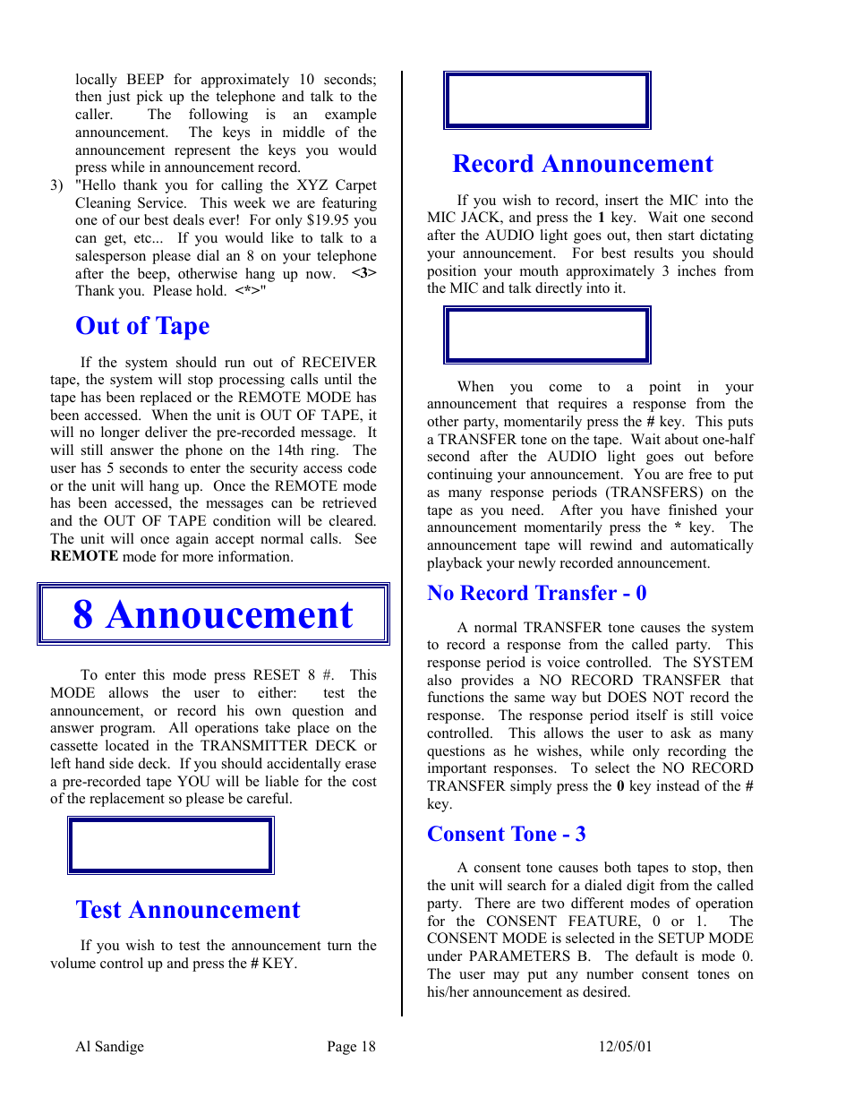 Out of tape, 8 annoucement, Test announcement | Record announcement, No record transfer - 0, Consent tone - 3 | Skutch Electronics CBC 9000 User Manual | Page 18 / 33