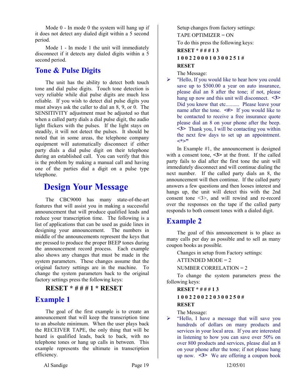 Tone & pulse digits, Design your message, Example 1 | Example 2 | Skutch Electronics CBC 9000 User Manual | Page 19 / 33