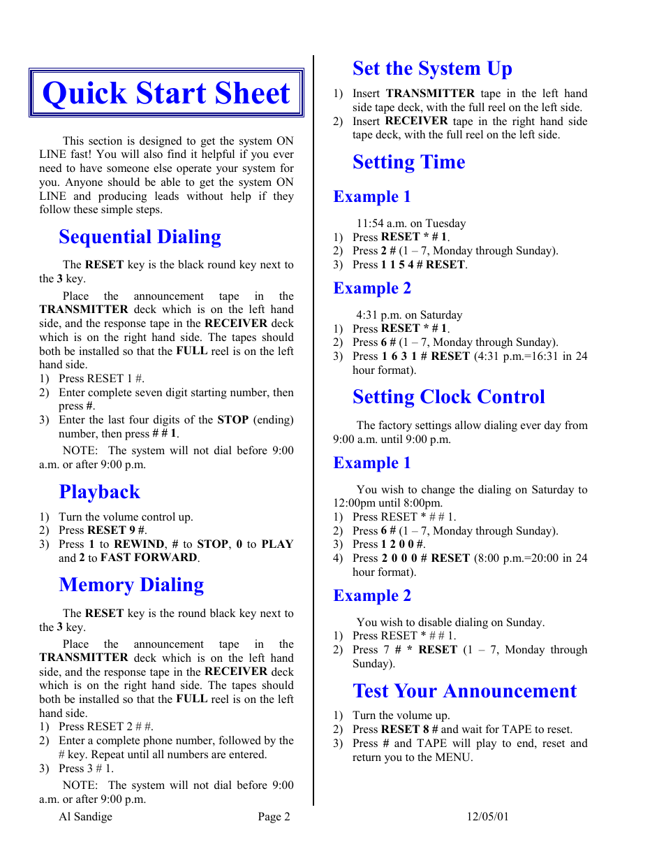 Quick start sheet, Sequential dialing, Playback | Memory dialing, Set the system up, Setting time, Example 1, Example 2, Setting clock control, Test your announcement | Skutch Electronics CBC 9000 User Manual | Page 2 / 33