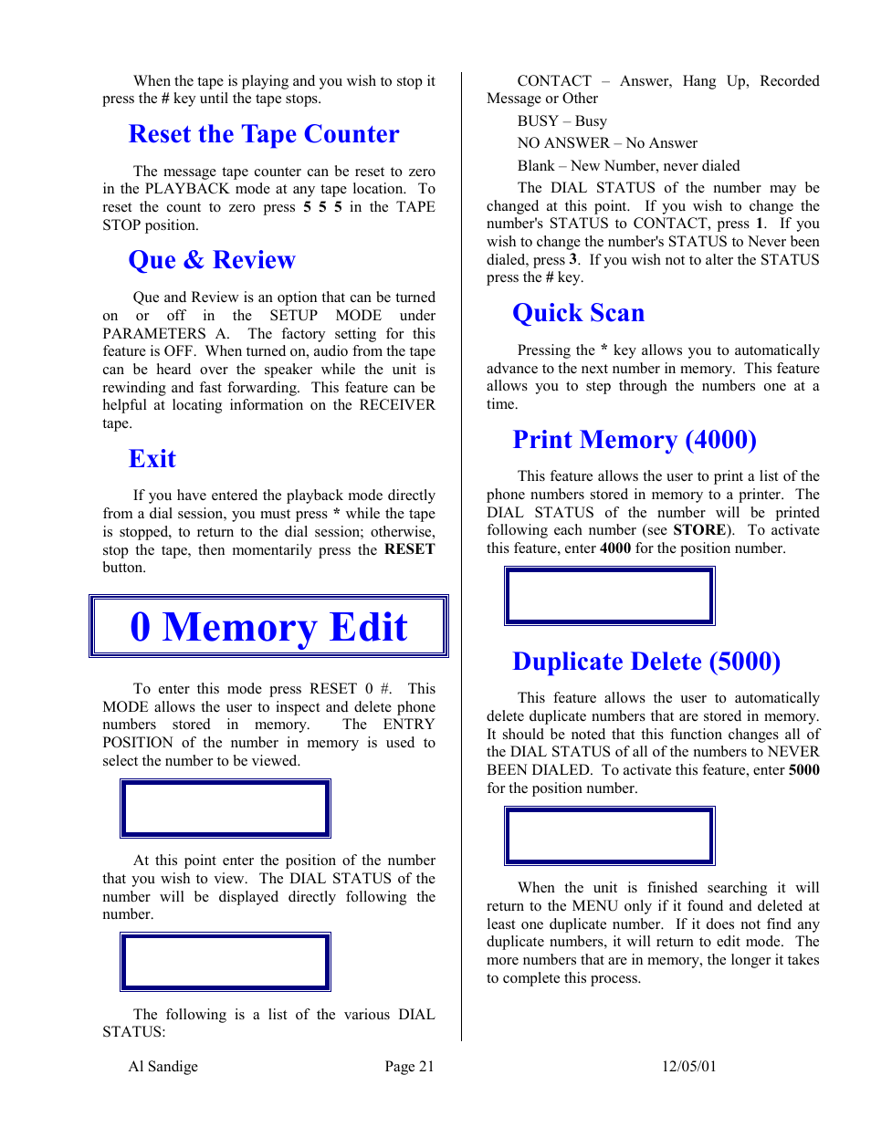 Reset the tape counter, Que & review, Exit | 0 memory edit, Quick scan, Print memory (4000), Duplicate delete (5000) | Skutch Electronics CBC 9000 User Manual | Page 21 / 33