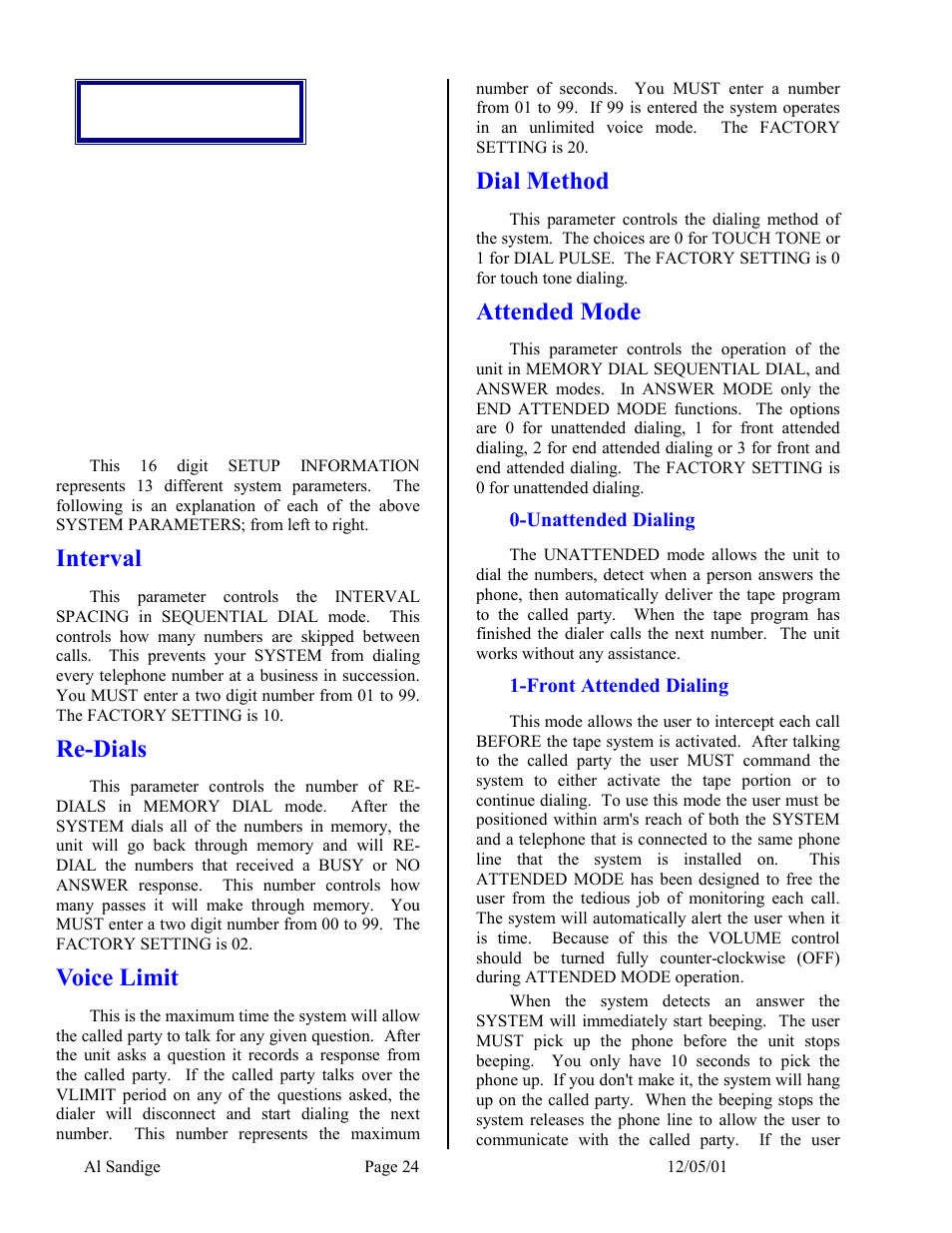 Interval, Re-dials, Voice limit | Dial method, Attended mode, Unattended dialing, Front attended dialing | Skutch Electronics CBC 9000 User Manual | Page 24 / 33