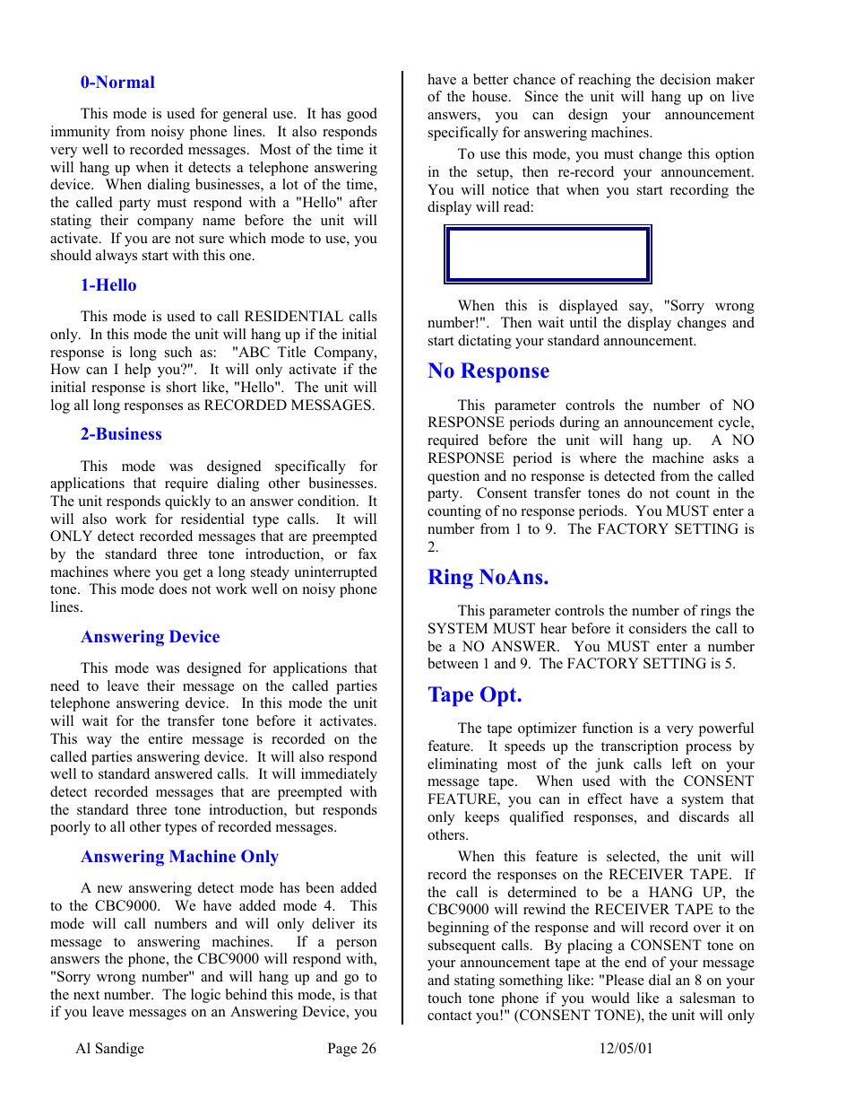 Normal, Hello, Business | Answering device, Answering machine only, No response, Ring noans, Tape opt | Skutch Electronics CBC 9000 User Manual | Page 26 / 33