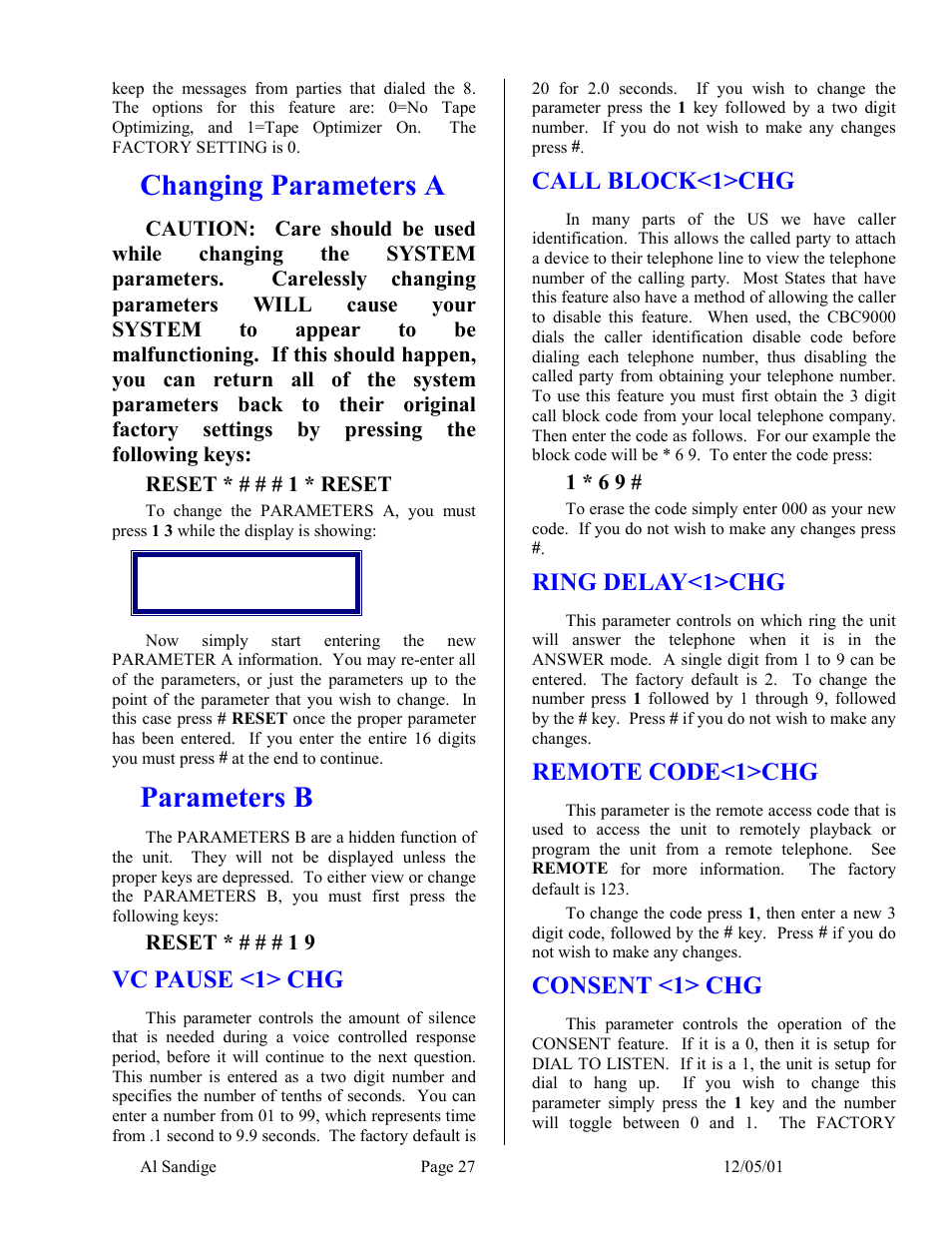 Changing parameters a, Parameters b, Vc pause <1> chg | Call block<1>chg, Ring delay<1>chg, Remote code<1>chg, Consent <1> chg | Skutch Electronics CBC 9000 User Manual | Page 27 / 33