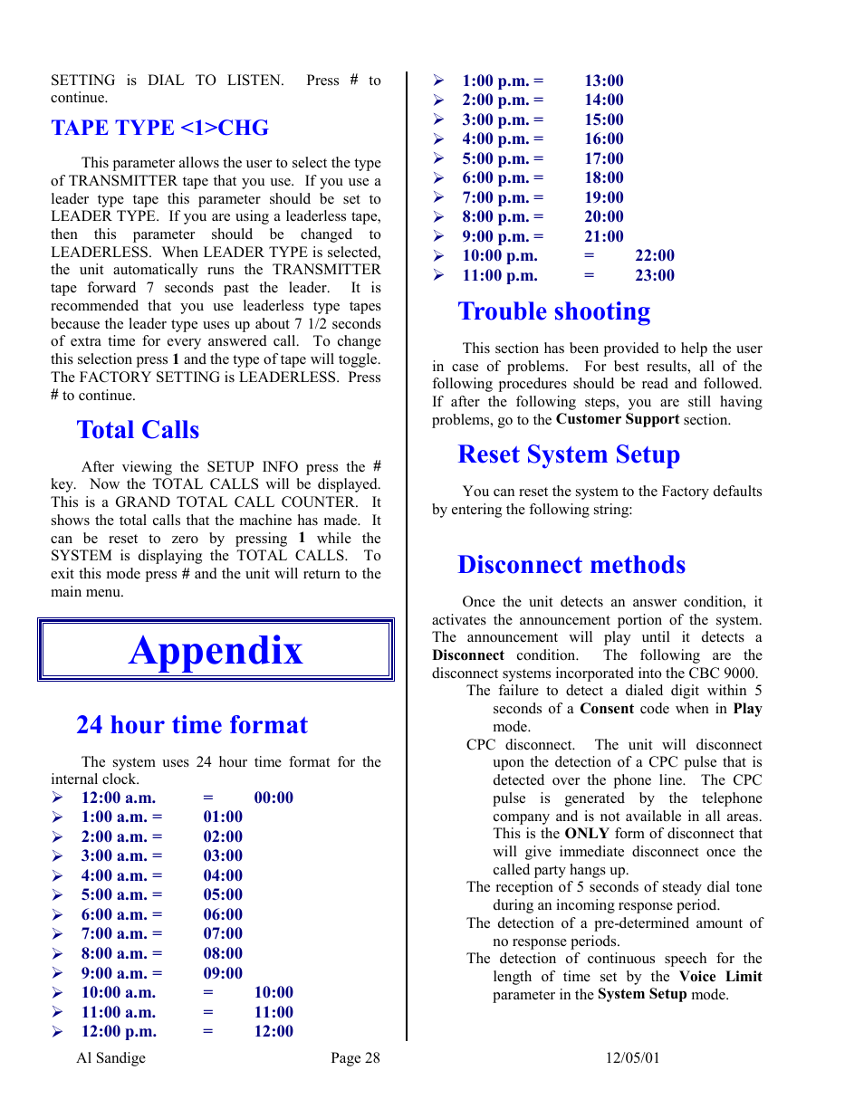 Tape type <1>chg, Total calls, Appendix | 24 hour time format, Trouble shooting, Reset system setup, Disconnect methods | Skutch Electronics CBC 9000 User Manual | Page 28 / 33