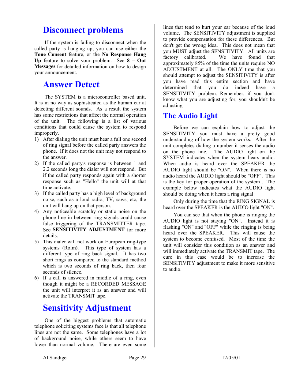 Disconnect problems, Answer detect, Sensitivity adjustment | The audio light | Skutch Electronics CBC 9000 User Manual | Page 29 / 33