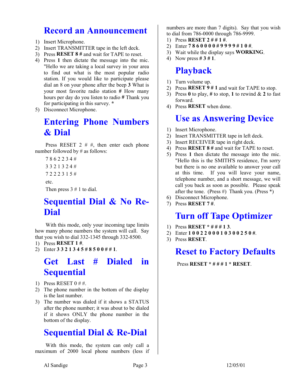 Record an announcement, Entering phone numbers & dial, Sequential dial & no re-dial | Get last # dialed in sequential, Sequential dial & re-dial, Playback, Use as answering device, Turn off tape optimizer, Reset to factory defaults, Sequential dial & no re- dial | Skutch Electronics CBC 9000 User Manual | Page 3 / 33