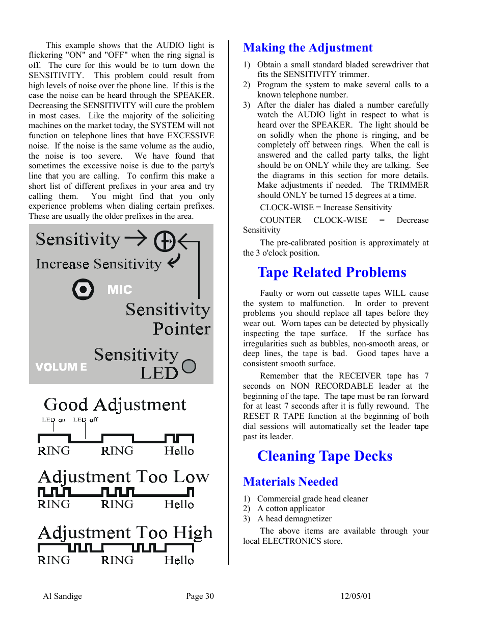 Making the adjustment, Tape related problems, Cleaning tape decks | Materials needed | Skutch Electronics CBC 9000 User Manual | Page 30 / 33