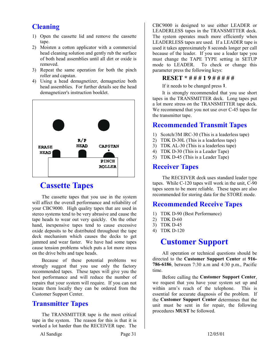 Cleaning, Cassette tapes, Transmitter tapes | Recommended transmit tapes, Receiver tapes, Recommended receive tapes, Customer support | Skutch Electronics CBC 9000 User Manual | Page 31 / 33