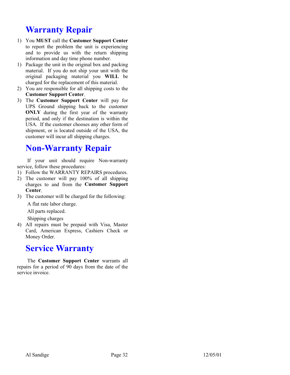 Warranty repair, Non-warranty repair, Service warranty | Skutch Electronics CBC 9000 User Manual | Page 32 / 33