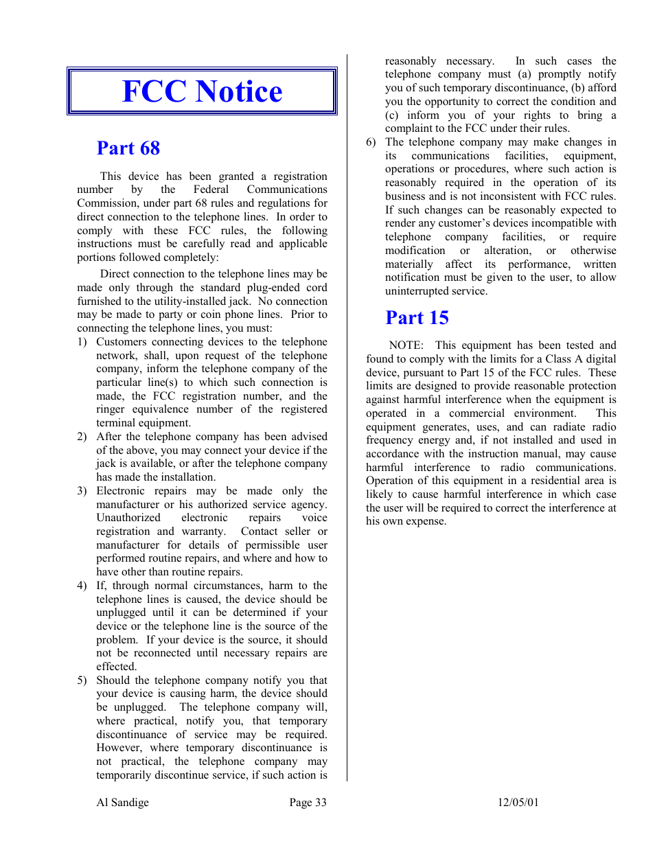 Fcc notice, Part 68, Part 15 | Skutch Electronics CBC 9000 User Manual | Page 33 / 33
