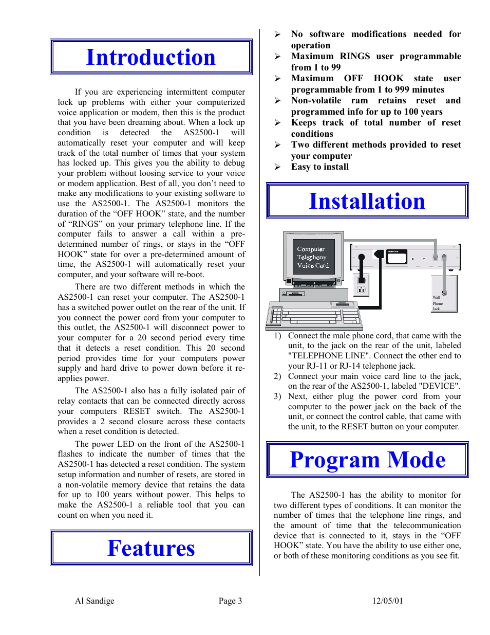 Introduction, Features, Installation | Program mode, Features installation program mode, Changing the maximum number of | Skutch Electronics AS-2500-1 User Manual | Page 3 / 6