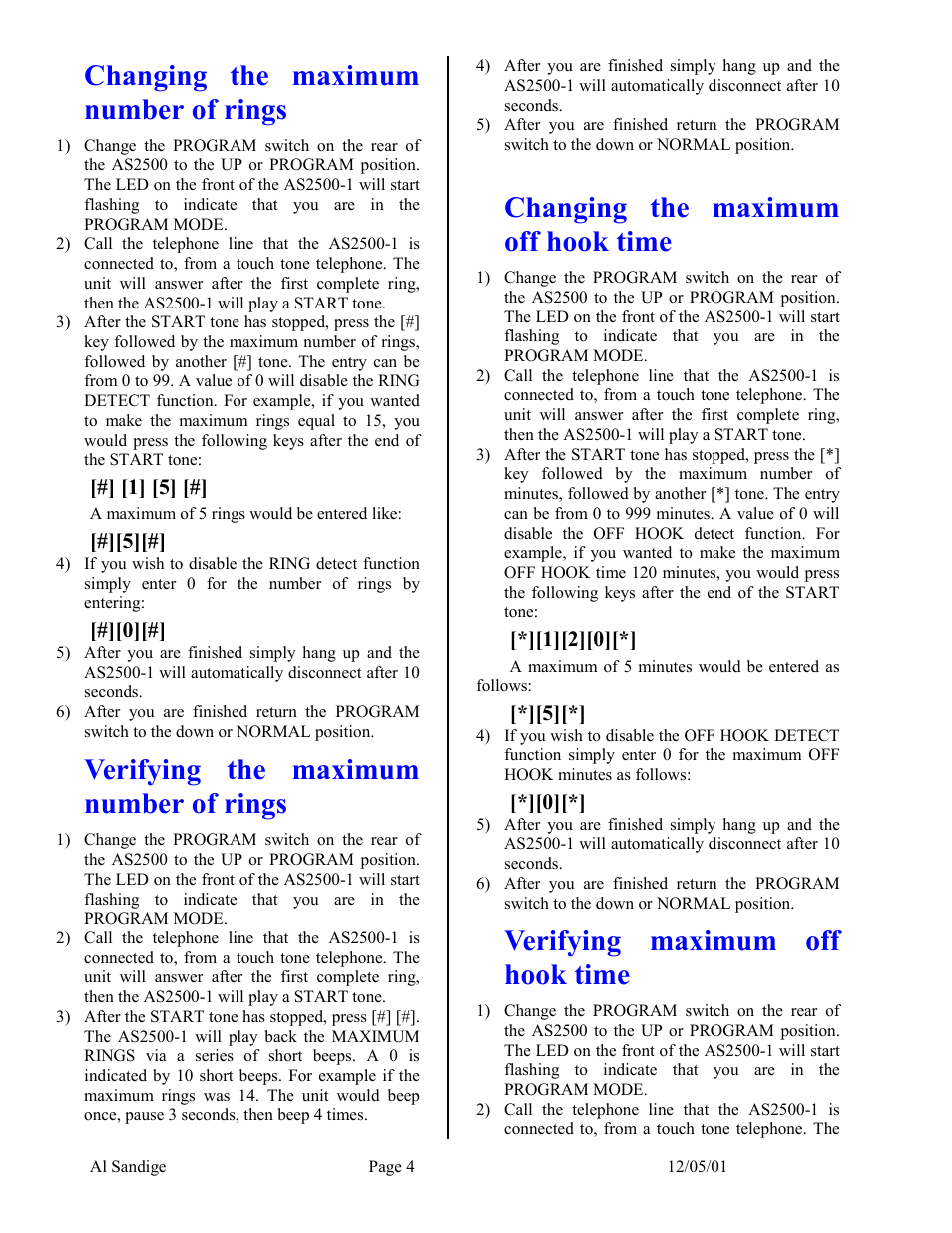 Changing the maximum number of rings, Verifying the maximum number of rings, Changing the maximum off hook time | Verifying maximum off hook time, Verifying the maximum number of, Changing the maximum off hook time 4, Adjustable buffer timer | Skutch Electronics AS-2500-1 User Manual | Page 4 / 6