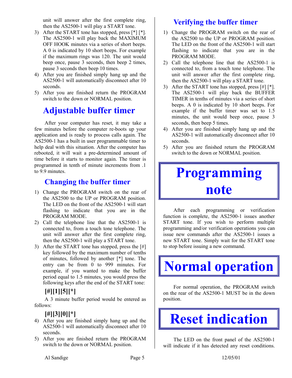 Adjustable buffer timer, Changing the buffer timer, Verifying the buffer timer | Programming note, Normal operation, Reset indication | Skutch Electronics AS-2500-1 User Manual | Page 5 / 6