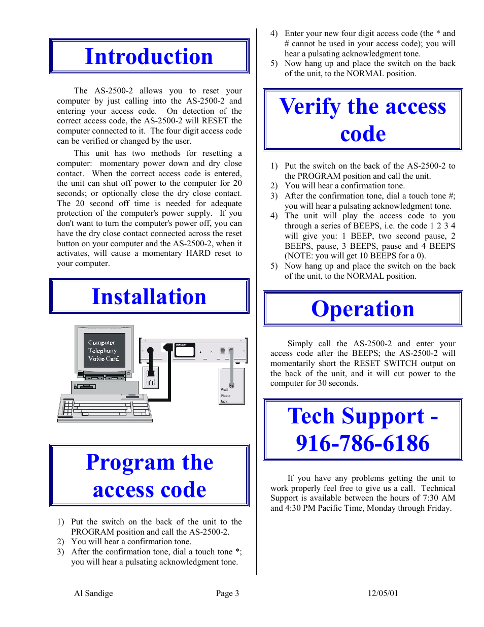 Introduction, Installation, Program the access code | Verify the access code, Operation, Tech support - 916-786-6186, Installation program the access code | Skutch Electronics AS-2500-2 User Manual | Page 3 / 4