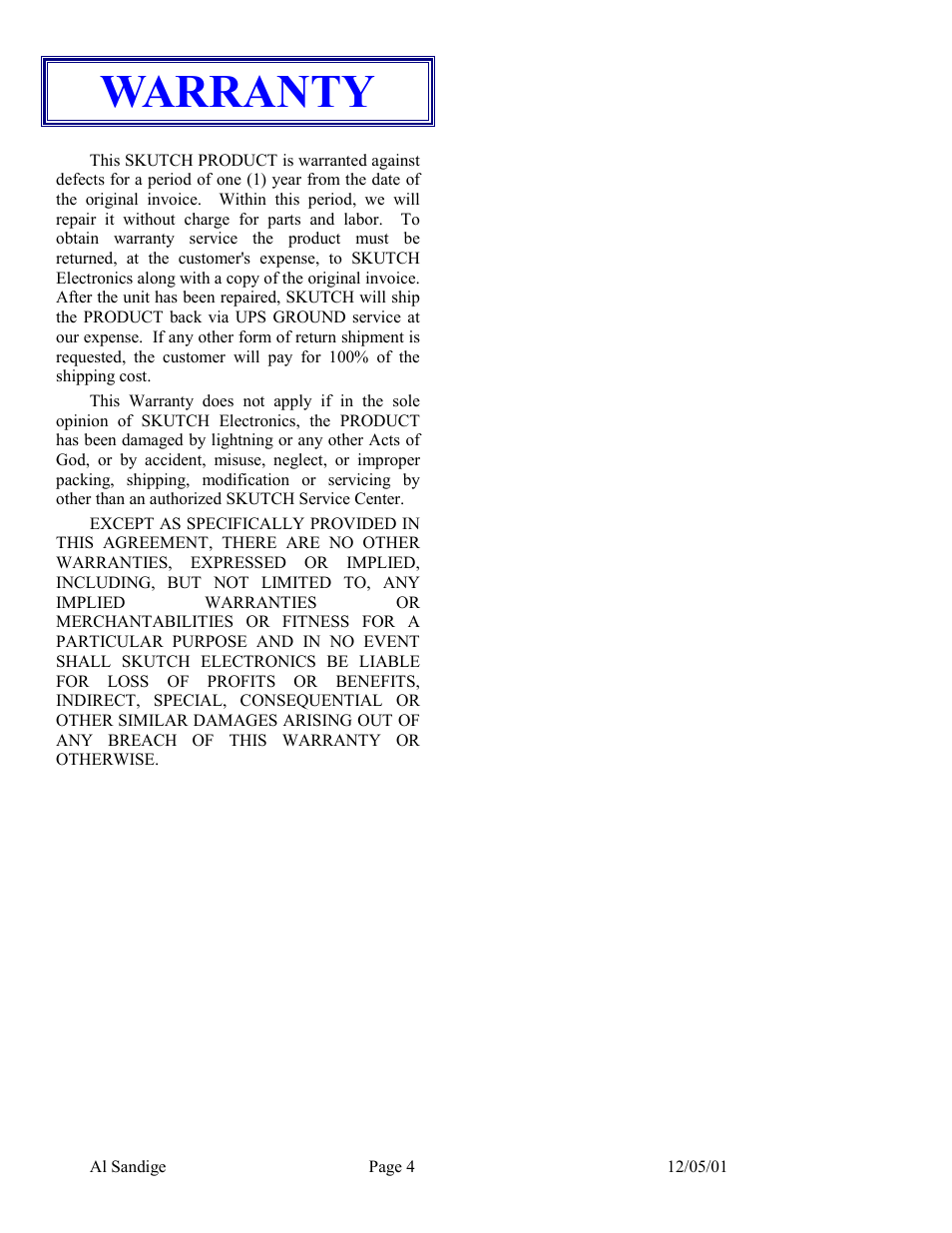 Warranty | Skutch Electronics AS-2500-2 User Manual | Page 4 / 4