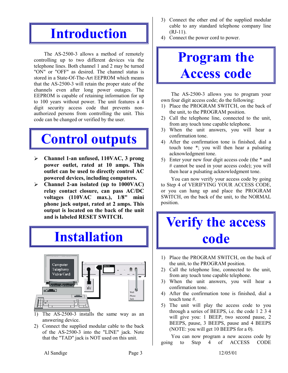 Introduction, Control outputs, Installation | Program the access code, Verify the access code | Skutch Electronics AS-2500-3 User Manual | Page 3 / 5
