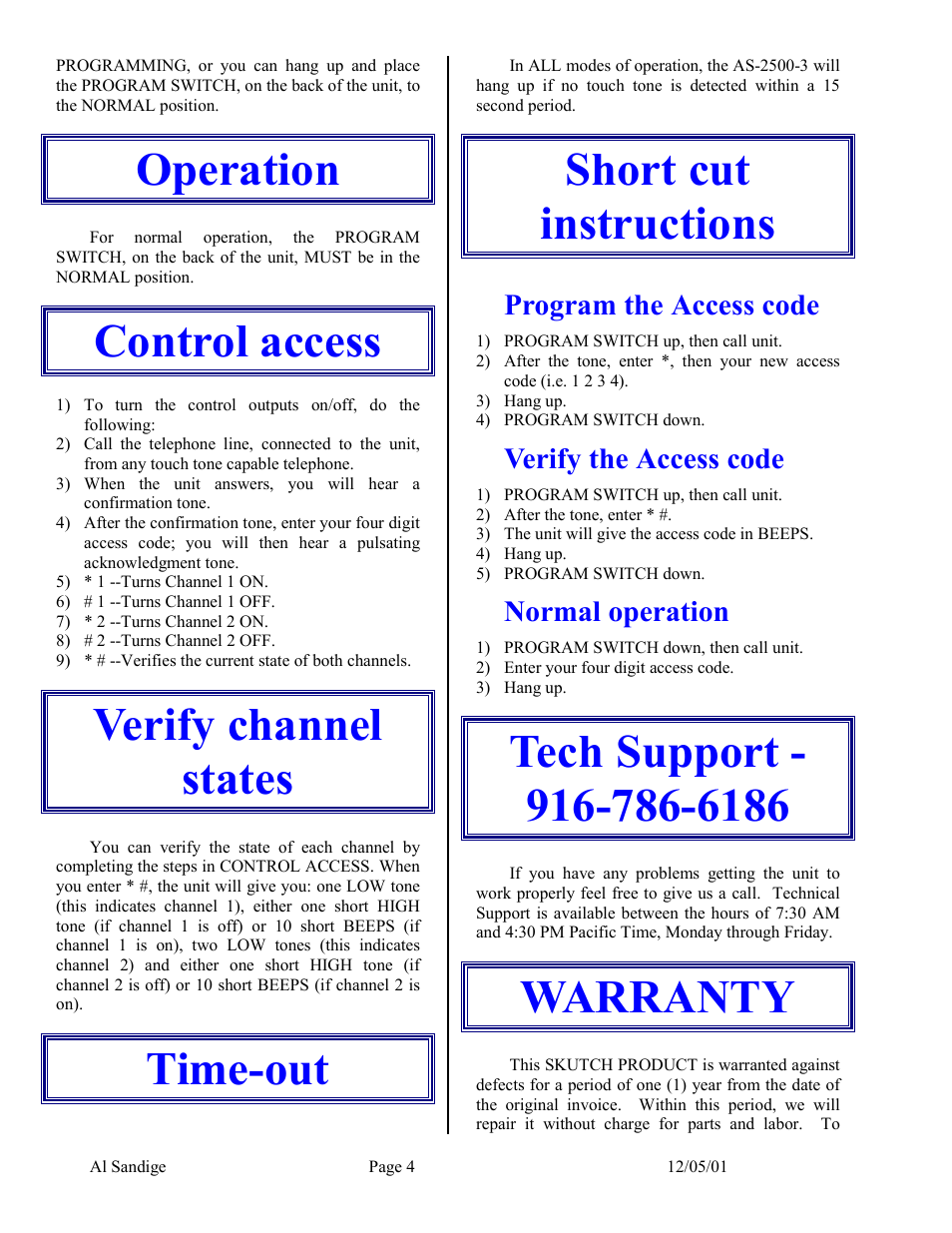 Operation, Control access, Verify channel states | Time-out, Short cut instructions, Program the access code, Verify the access code, Normal operation, Tech support - 916-786-6186, Warranty | Skutch Electronics AS-2500-3 User Manual | Page 4 / 5