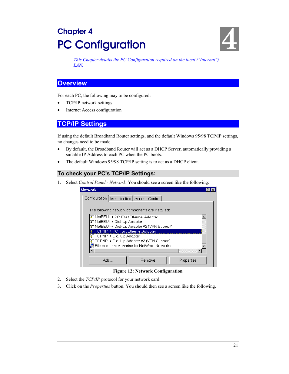 Chapter 4 pc configuration, Overview, Tcp/ip settings | Overview tcp/ip settings, Pc configur, Pc configur pc configura a a ation tion tion tion | CNet Technology CNIG904S User Manual | Page 24 / 54