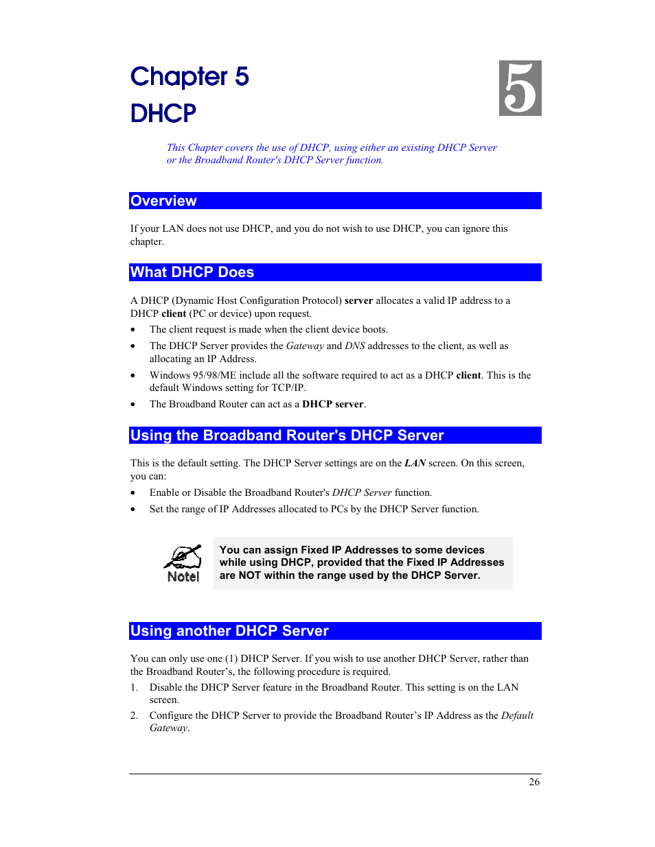 Chapter 5 dhcp, Overview, What dhcp does | Using the broadband router's dhcp server, Using another dhcp server, Chapter 5, Chapter 5 chapter 5 dhcp dhcp dhcp dhcp | CNet Technology CNIG904S User Manual | Page 29 / 54