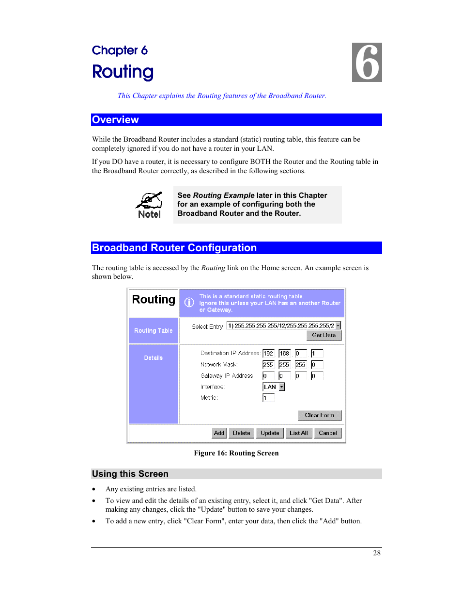 Chapter 6 routing, Overview, Broadband router configuration | Overview broadband router configuration, Routing | CNet Technology CNIG904S User Manual | Page 31 / 54