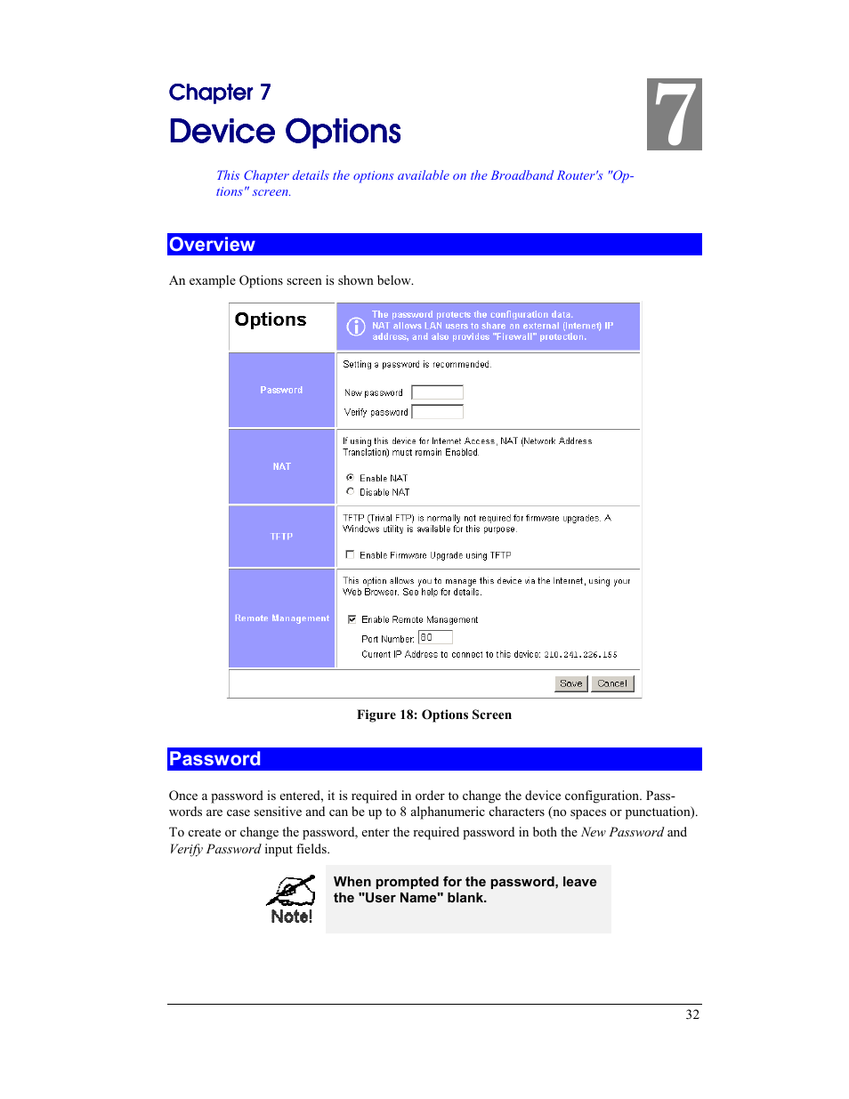 Chapter 7 device options, Overview, Password | Overview password, Device options | CNet Technology CNIG904S User Manual | Page 35 / 54