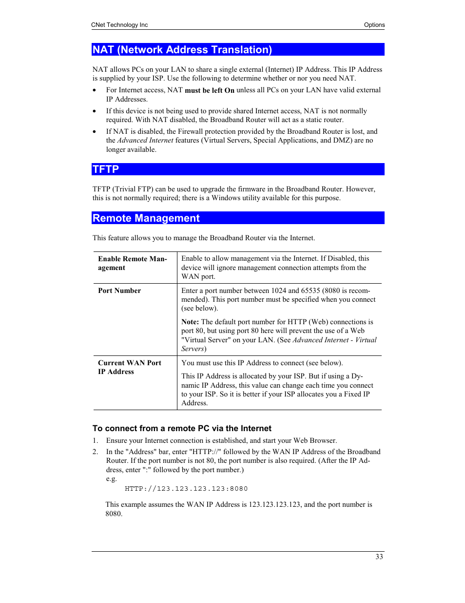 Nat (network address translation), Tftp, Remote management | CNet Technology CNIG904S User Manual | Page 36 / 54