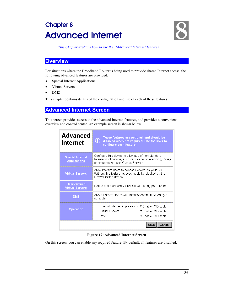Chapter 8 advanced internet, Overview, Advanced internet screen | Overview advanced internet screen, Advanced inte | CNet Technology CNIG904S User Manual | Page 37 / 54