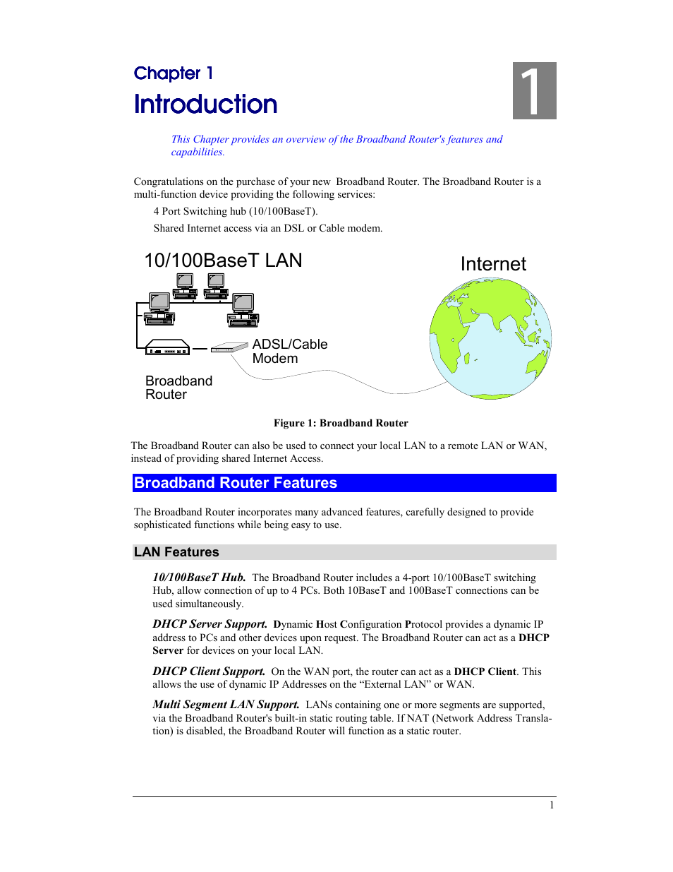 Chapter 1 introduction, Broadband router features, Introduction | Chapter 1 | CNet Technology CNIG904S User Manual | Page 4 / 54
