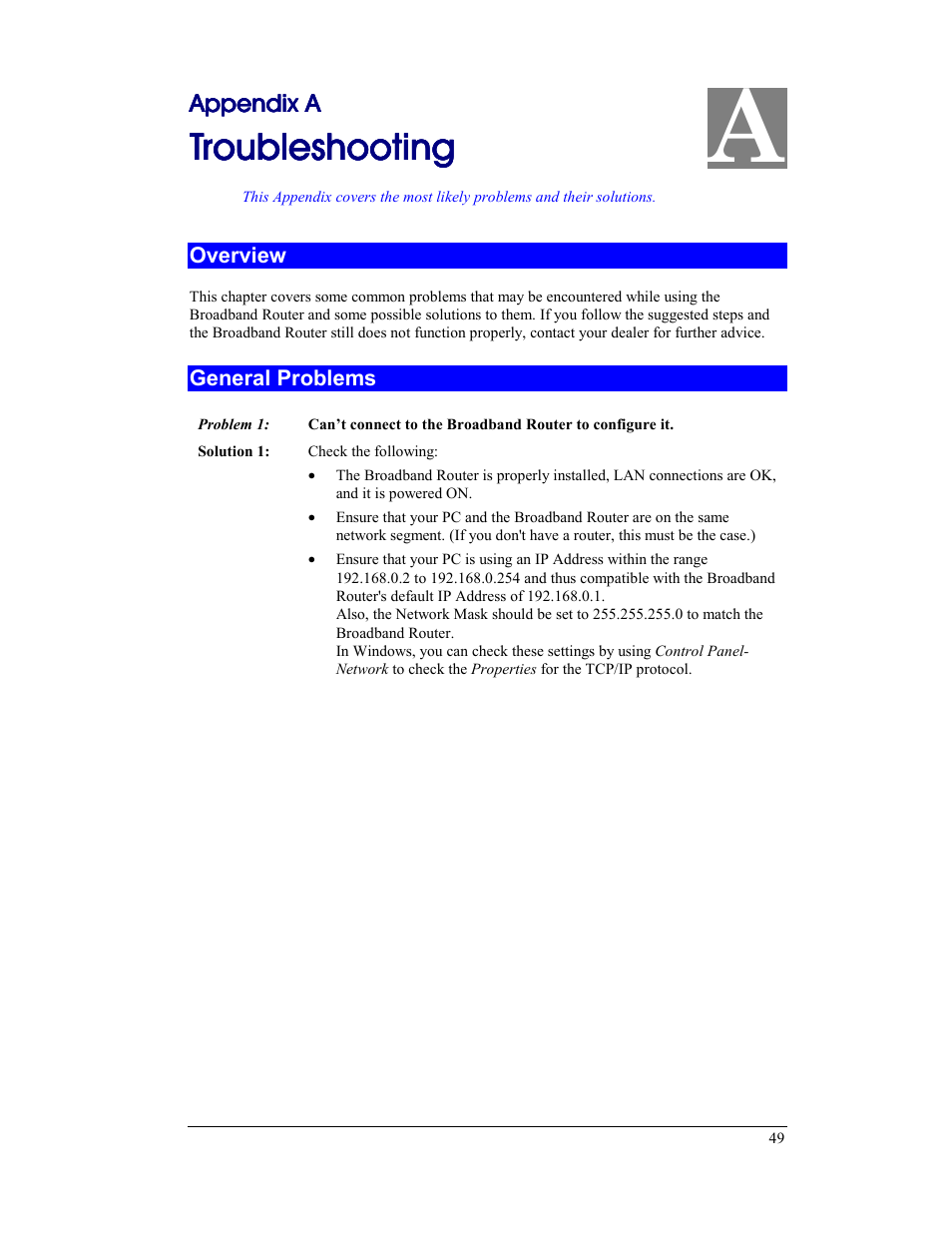 Appendix a troubleshooting, Overview, General problems | Overview general problems, Troubleshooting | CNet Technology CNIG904S User Manual | Page 52 / 54