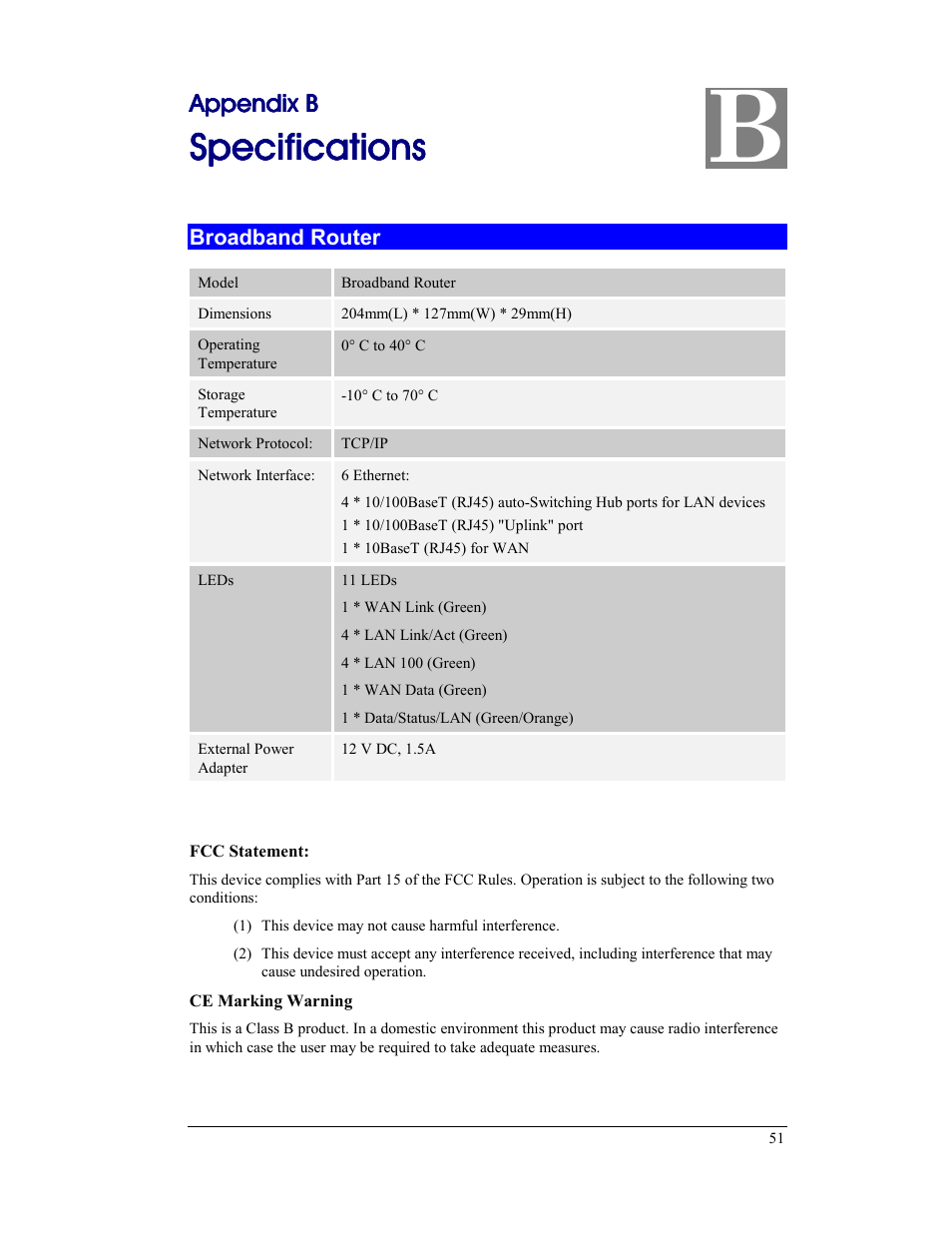 Appendix b specifications, Broadband router, Specific | Specific specifica a a ations tions tions tions | CNet Technology CNIG904S User Manual | Page 54 / 54