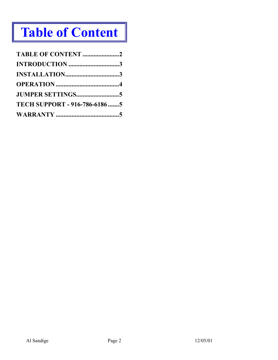 Table of content | Skutch Electronics AS-816 User Manual | Page 2 / 5