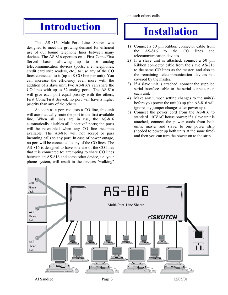 Introduction, Installation, Installation operation | Skutch Electronics AS-816 User Manual | Page 3 / 5