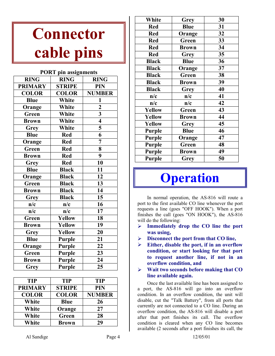 Operation, Jumper settings, Connector cable pins | Skutch Electronics AS-816 User Manual | Page 4 / 5