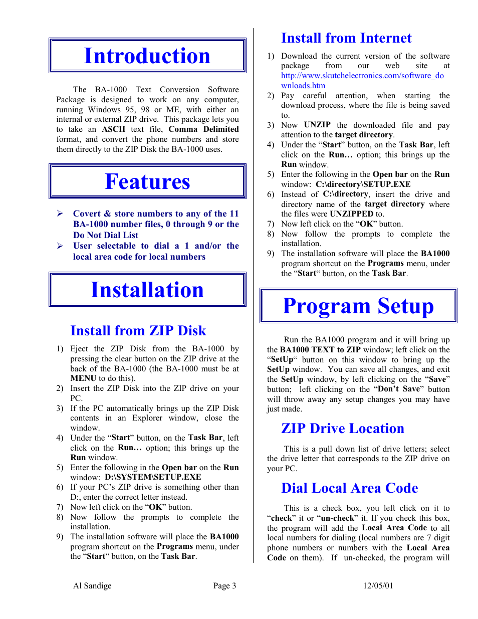 Introduction, Features, Installation | Install from zip disk, Install from internet, Program setup, Zip drive location, Dial local area code, Features installation, Dial ‘1’ on local calls | Skutch Electronics BA-1000 User Manual | Page 3 / 5