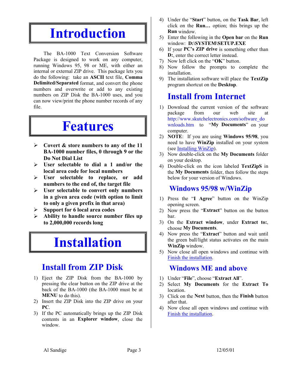 Introduction, Features, Installation | Install from zip disk, Install from internet, Windows 95/98 w/winzip, Windows me and above, Features installation, Finish the installation | Skutch Electronics BA-1000 User Manual | Page 3 / 6