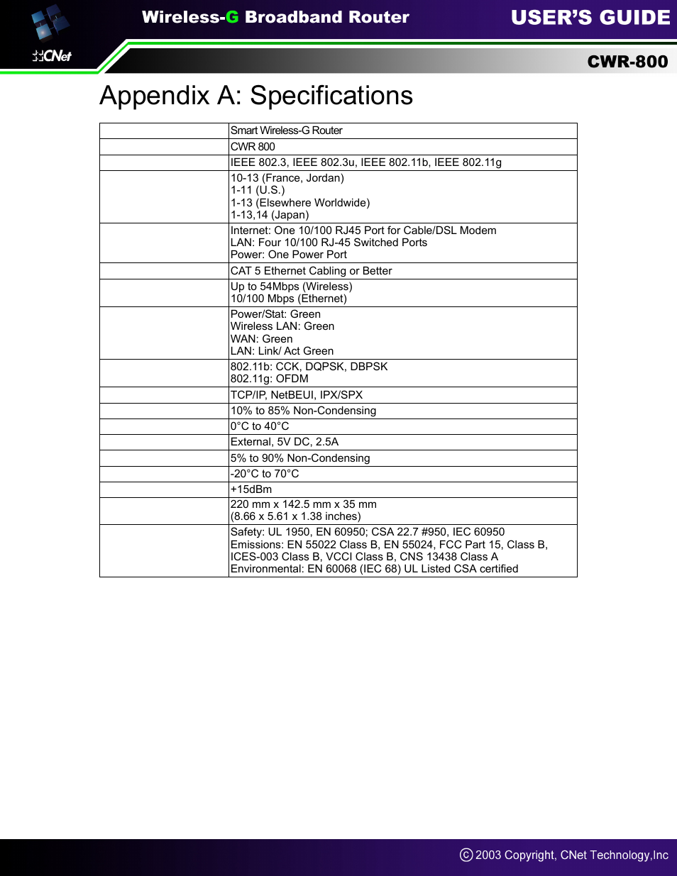 Product name, Appendix a: specifications | CNet Technology CWR-800 User Manual | Page 51 / 51