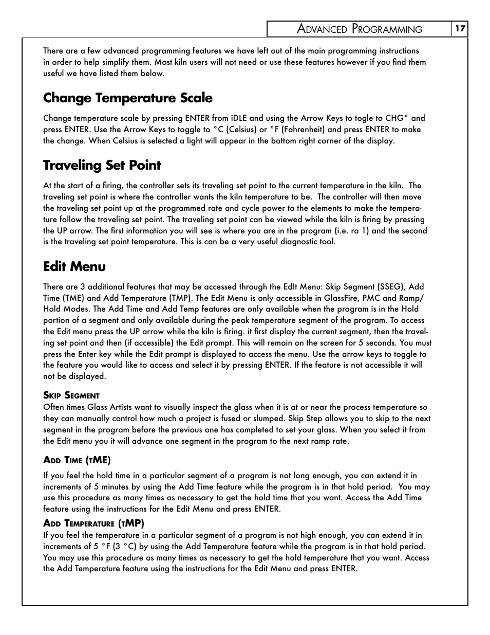 Change temperature scale, Traveling set point, Edit menu | Skutt FireBox8x6 LT User Manual | Page 17 / 24