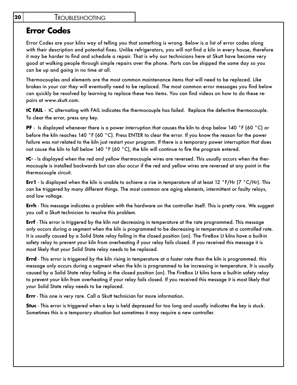 Error codes | Skutt FireBox8x6 LT User Manual | Page 20 / 24