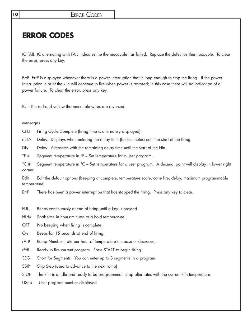 Error codes | Skutt GlazeTech 8/2013 User Manual | Page 10 / 11