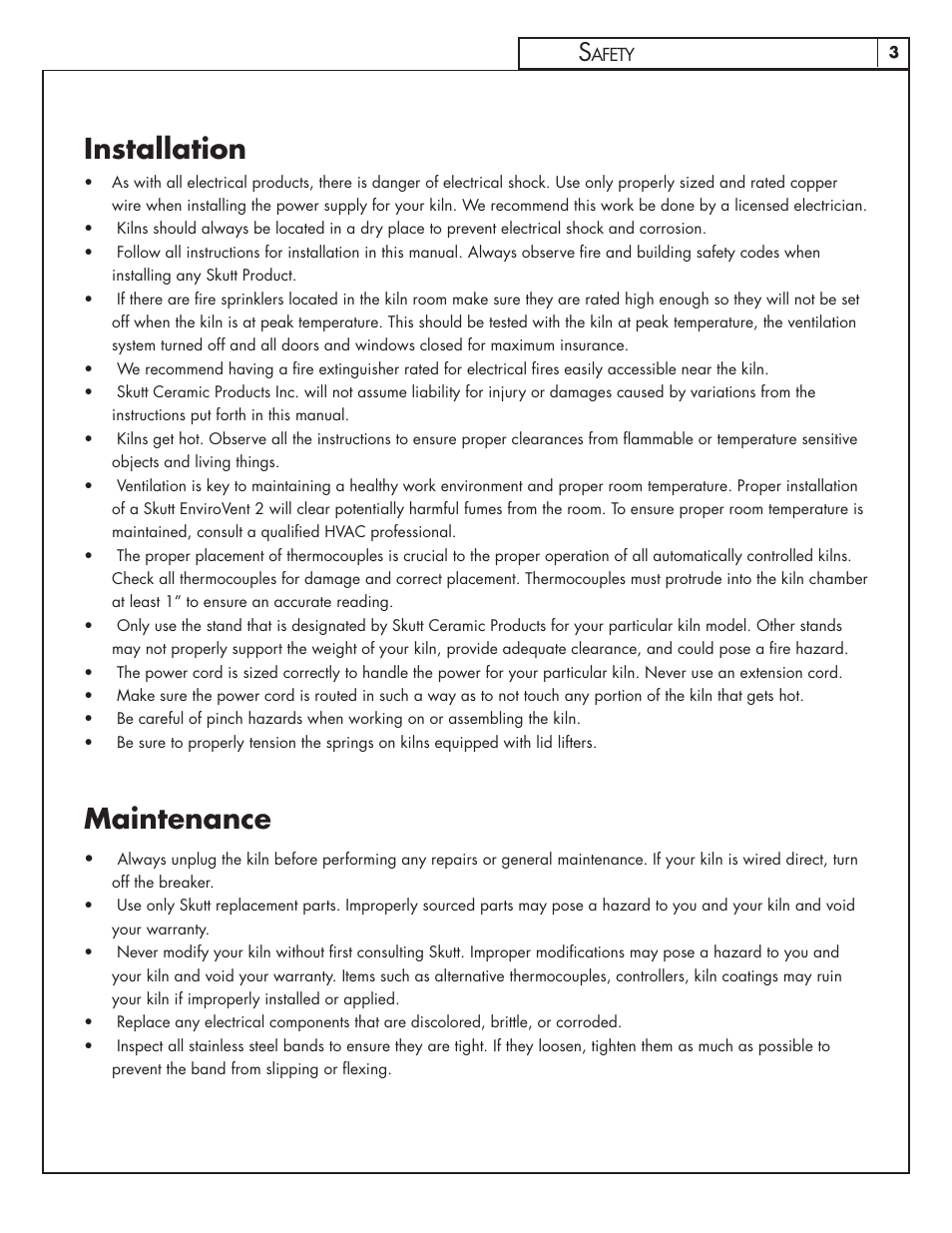 Installation, Maintenance | Skutt GlazeTech 8/2013 User Manual | Page 3 / 11