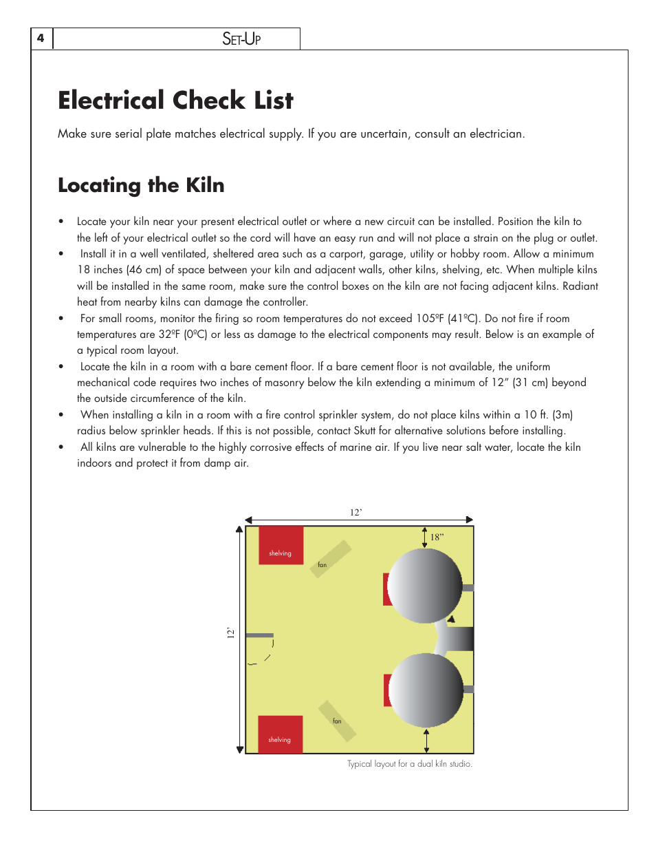 Electrical check list, Locating the kiln | Skutt GlazeTech 8/2013 User Manual | Page 4 / 11