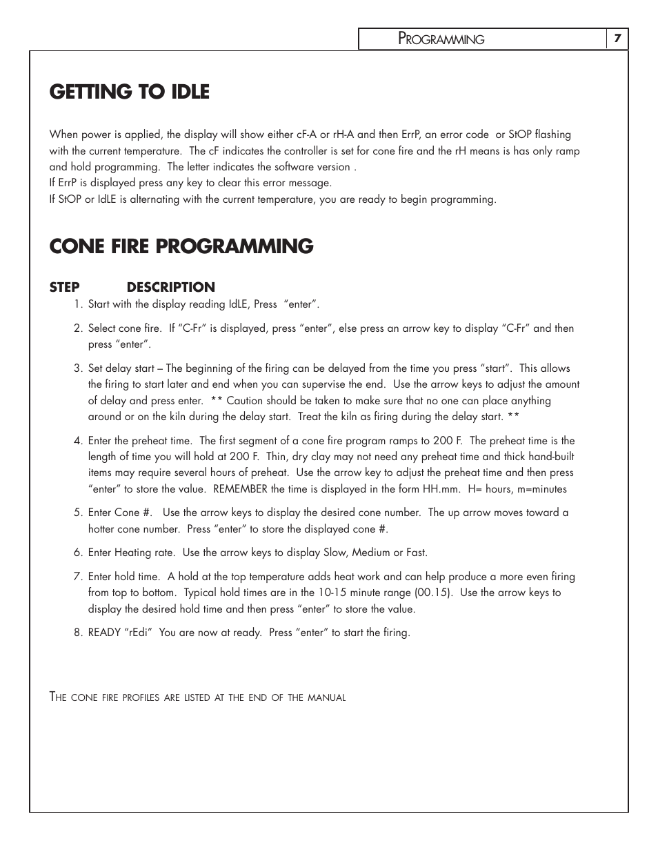 Getting to idle, Cone fire programming | Skutt GlazeTech 8/2013 User Manual | Page 7 / 11