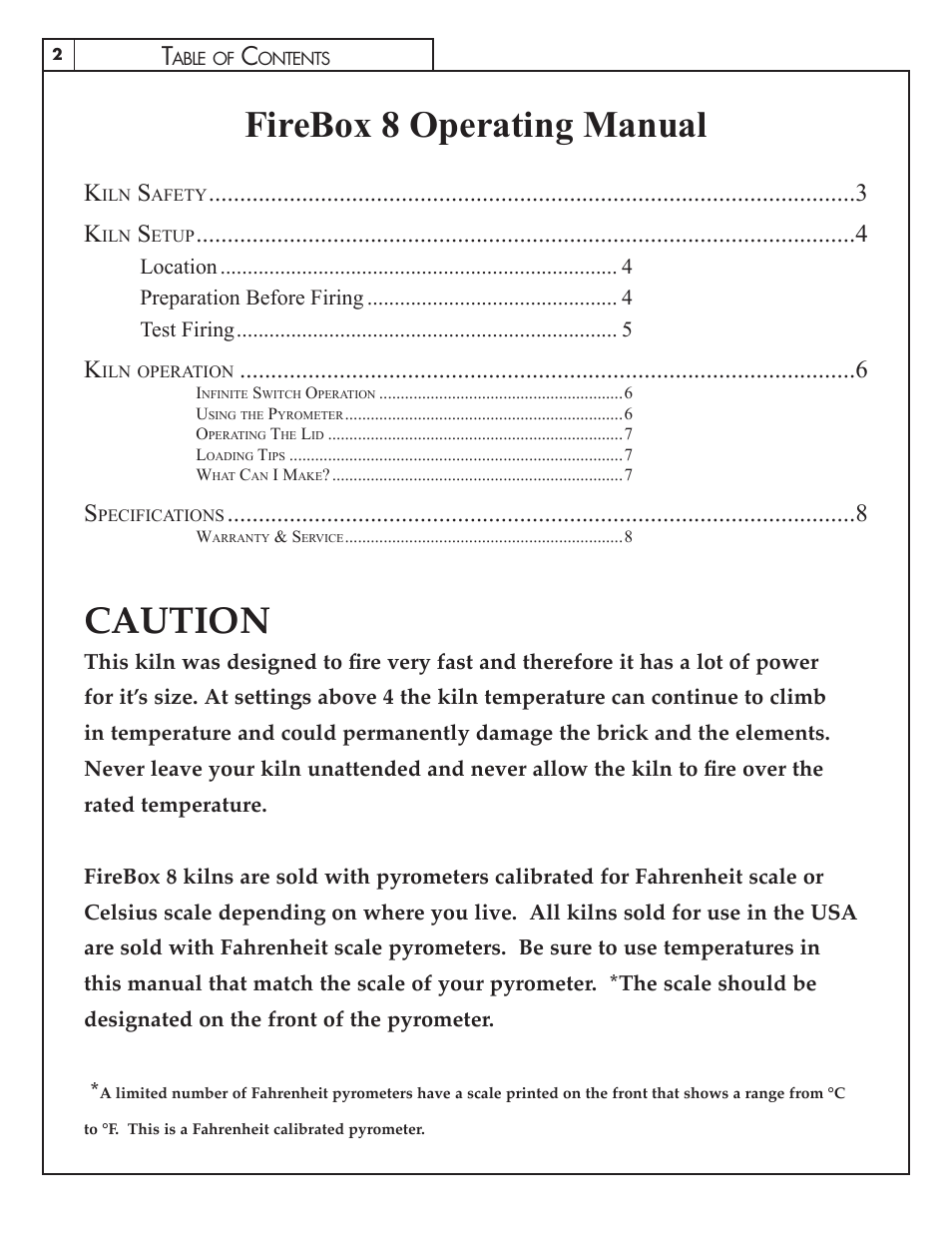 Firebox 8 operating manual, Caution | Skutt Firebox 8 User Manual | Page 2 / 8