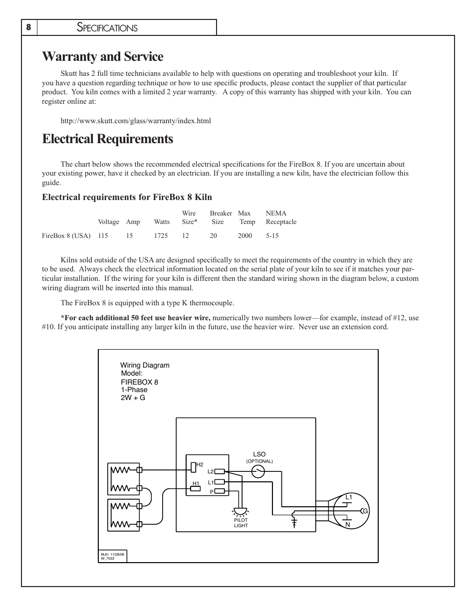 Warranty and service, Electrical requirements, Electrical requirements for firebox 8 kiln | Skutt Firebox 8 User Manual | Page 8 / 8