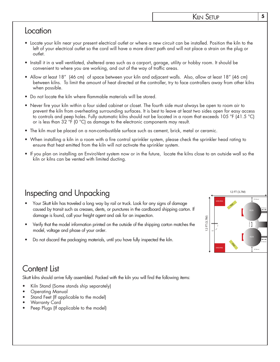 Location, Inspecting and unpacking, Content list | Skutt GlassMaster Kiln User Manual | Page 5 / 48