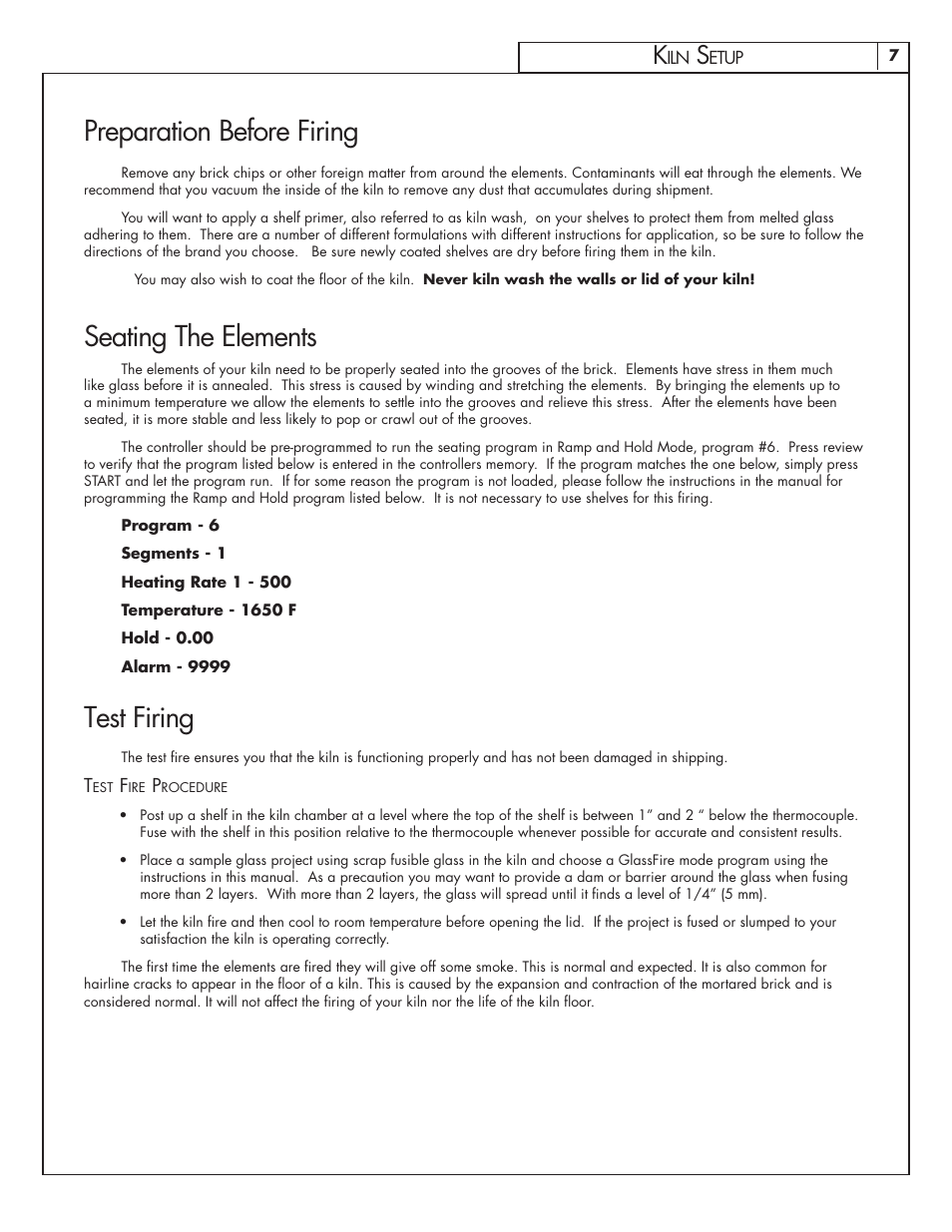 Preparation before firing, Test firing seating the elements | Skutt GlassMaster Kiln User Manual | Page 7 / 48